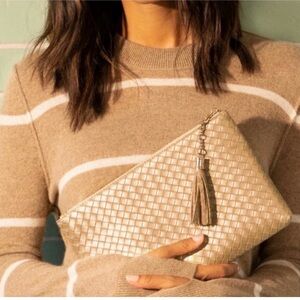 NWT Virginia Wolf Mimi Woven Pouch Gold Clutch MSRP $88